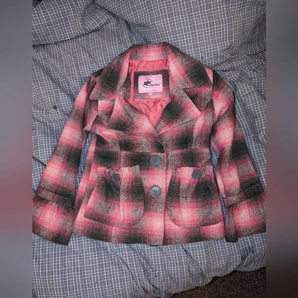 Girls Plaid  Pink and Grey Peacoat